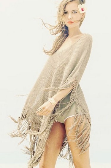 F4564 Women Sexy Crochet Tassel Cloak Swimwear Bikini Cover Up Knit Beach Dress